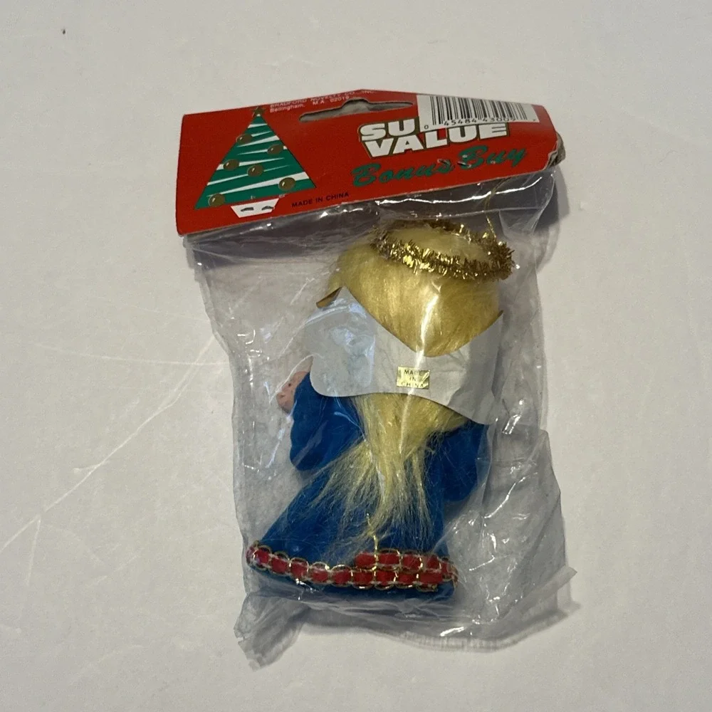 VTG BRADFORD AMES BLONDE Kissing ANGEL BLUE ORNAMENT‎ PLASTIC TINSEL HALO NOS